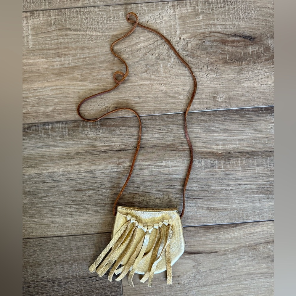 Little Girls Stylish Metallic Gold Genuine Leather Fringe Crossbody Bag